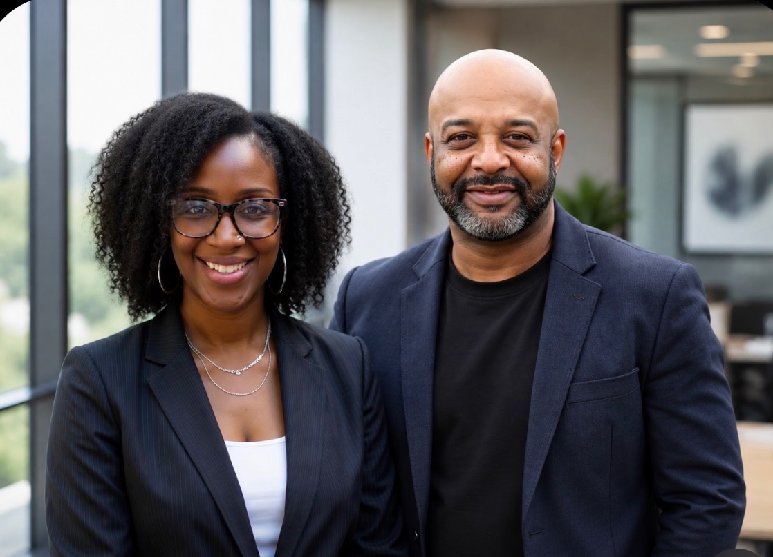 Monique and Will, the co-founders of Vessouls, standing together in professional attire.
